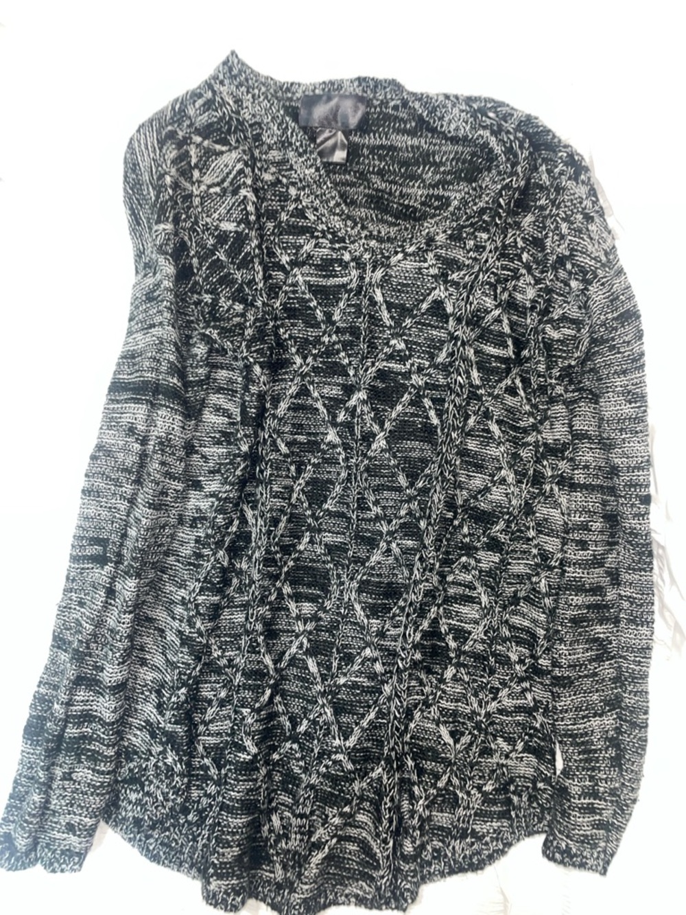 Black and White Marled Cable Knit Women's Sweater
